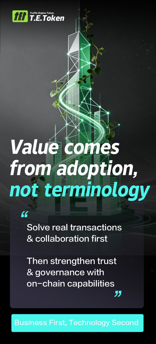 TET_Community's tweet photo. Business First, Technology Second
🧭 Value comes from adoption, not terminology.
💳 Solve real transactions &amp; collaboration first.
⛓️ Then strengthen trust &amp; governance with on-chain capabilities.
#TET #DRIXPAY #FUSN #Adoption #FinTech #Payments #Blockchain #Governance #Product https://t.co/lAN36fSe4O