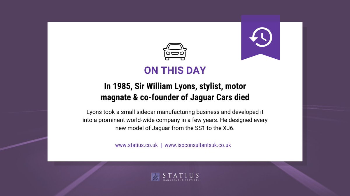 ThisIsStatius's tweet image. #OnThisDay in 1985, Sir William Lyons, co-founder of Jaguar Cars, died.

He reputedly dreamt up the delightful strap line for Jaguar, “Grace, Pace &amp;amp; Space.”  Lyons took a small sidecar manufacturing business and developed it into a world-wide company.

#manufacturing
