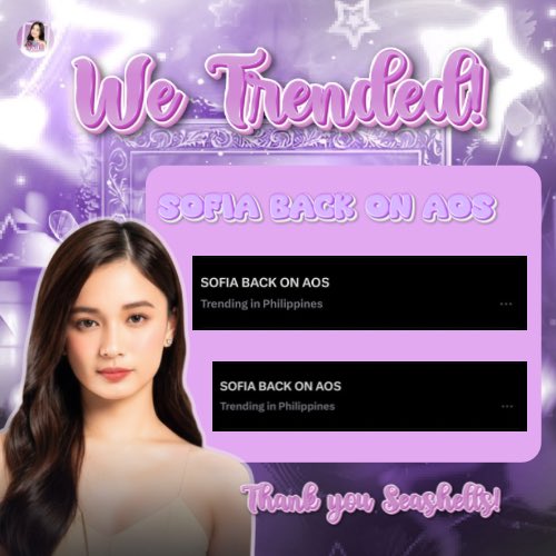 𝐖𝐄 𝐓𝐑𝐄𝐍𝐃𝐄𝐃!

02/08/26
Thank you seashells who joined and tweeted with us. Your effort means everything. Because of you, we trended. 💜

#SofiaPablo | Sofia Pablo
#AOSLoveIsInTheAir
