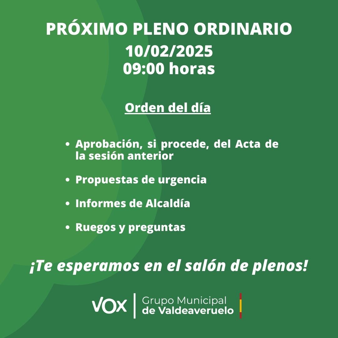 VOXValdeaveruel's tweet photo. 🟢⚠️ Os esperamos este próximo martes en el salón de plenos del Ayuntamiento a las 9:00H⚠️ https://t.co/kU5OBkioWg
