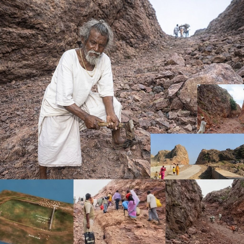 ना पैसा ना ताकत ना मशीन
सिर्फ एक हथौड़ा… और अटूट हौसला।

पत्नी बीमार थी… लेकिन पहाड़ की वजह से समय पर अस्पताल नहीं पहुंच पाईं।
और उन्होंने दम तोड़ दिया।
उस दिन एक आम इंसान ने फैसला लिया —

“अब ये पहाड़ रास्ता नहीं रोकेगा।”
लोग  हंसे पागल कहा मजाक उड़ाया।
लेकिन वो रोज़ अकेले 25