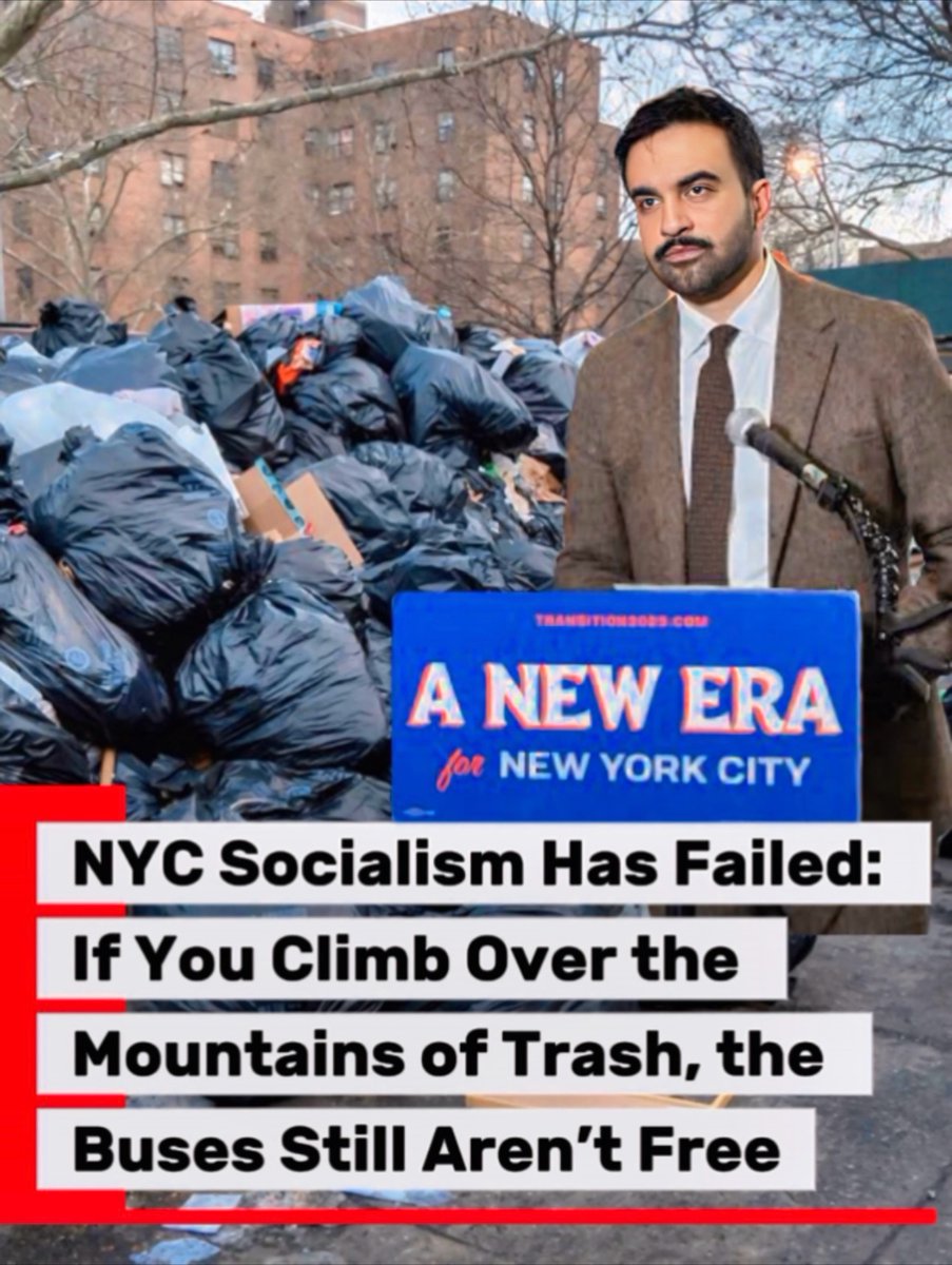 cat_barnes30's tweet image. NEW YORK CITY — In a stunning turn of events that absolutely no one saw coming, socialism has officially flopped in the Big Apple faster than a dropped slice of dollar pizza. Mayor Zohran Mamdani, the city’s fresh-faced champion of “free stuff for everyone except the rich,”