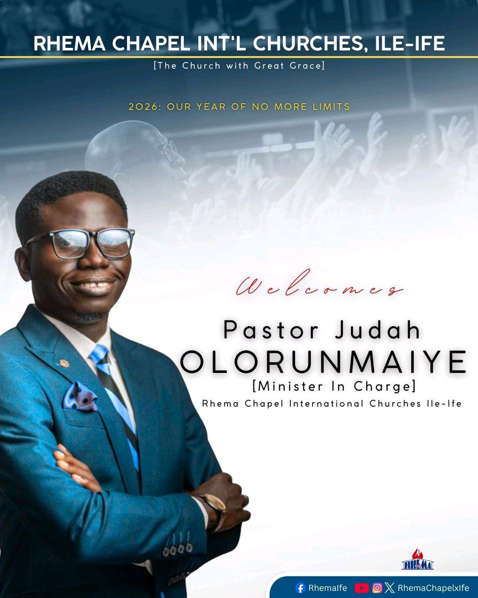 The calendar has changed. The baton has changed hands. 🔥
A warm welcome to you to Pastor Judah Olorunmaiye from the entire Rhema Chapel Ile-Ife family. 
This is the church with great grace, and your season of breaking boundaries is here

Welcome! 👉🏾 <a href="/JudahMaiye/">Judah Olorunmaiye</a> @JudahOlorunmaiye