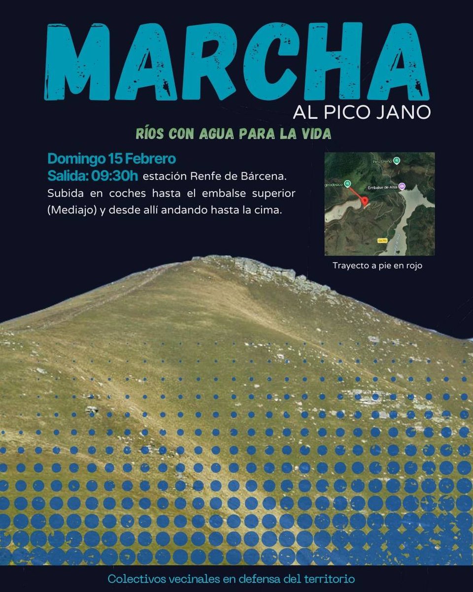 RÍOS CON AGUA PARA LA VIDA
El domingo 15 de febrero te invitamos a una marcha hasta el Pico Jano, recorriendo una zona de enorme valor natural que hoy está afectada por macroproyectos energéticos. 
Salida: estación de Bárcena 
Hora: 09:30 
Lleva ropa de abrigo y calzado cómodo.