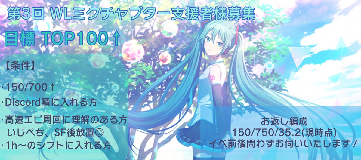 イベントお疲れ様でした！
鯖宣伝失礼いたします🙇‍♂️
4月下旬に開催される第3回WLミクチャプターにてTOP100を目標に走ります！

少しでもお力添え頂ける方がいらっしゃいましたら、FF内外問わず、お気軽にお声掛けください🙌

#プロセカ募集 
#プロセカお手伝いさん募集 
#プロセカ支援者様募集