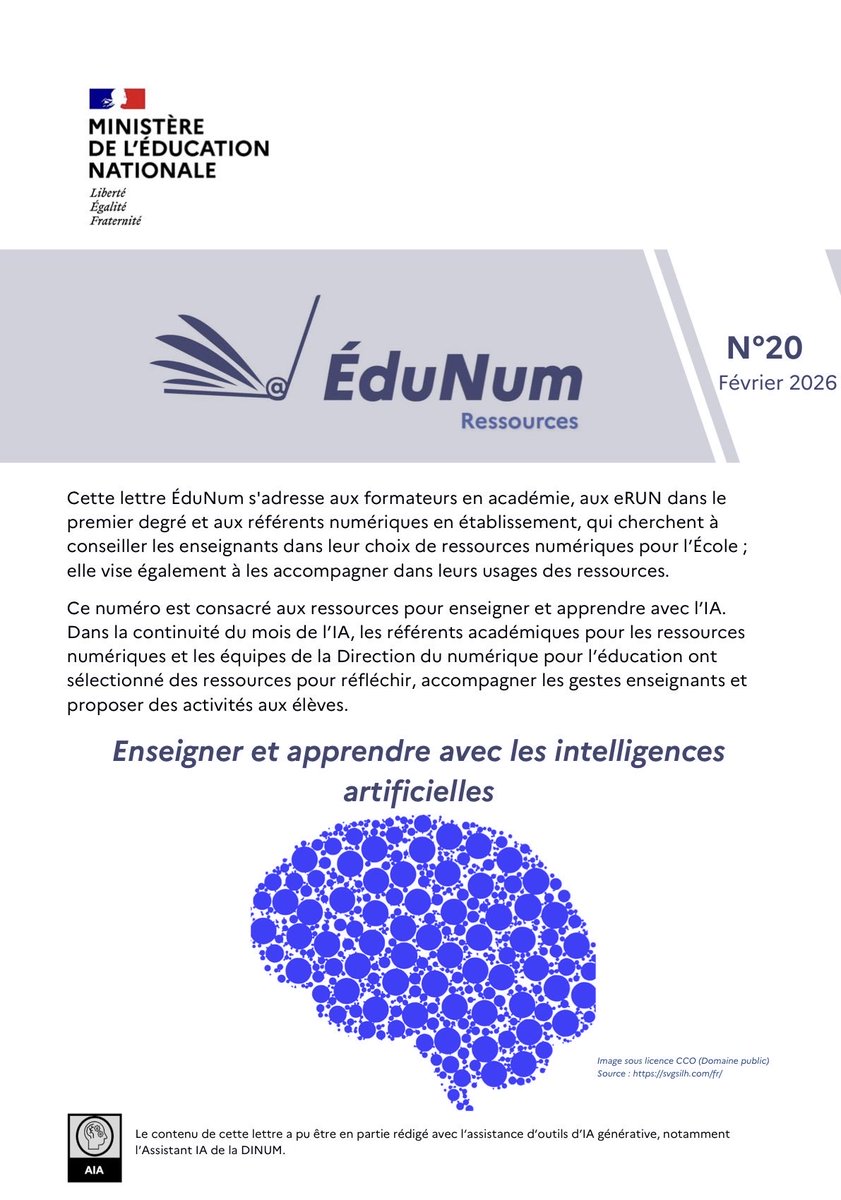 📨 Lettre ÉduNum Ressources n°20 - février 2026
📌Ce numéro consacré aux ressources pour enseigner et apprendre avec l’IA.

eduscol.education.fr/document/71102…