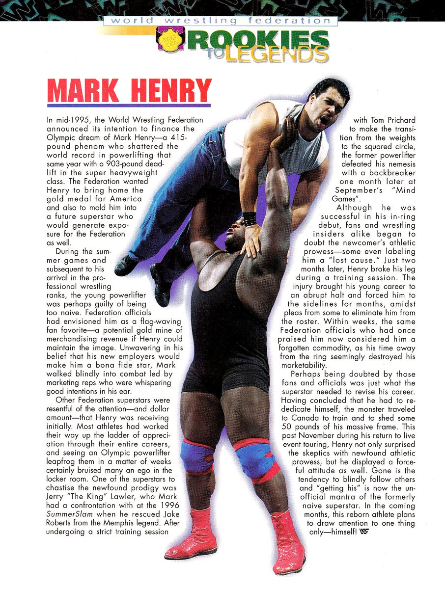 WWFWrestling1's tweet image. Rookies to Legends profile of Mark Henry from WWF Magazine, March 1998. 🏋🏿‍♂️ #WWF #WWE #MarkHenry