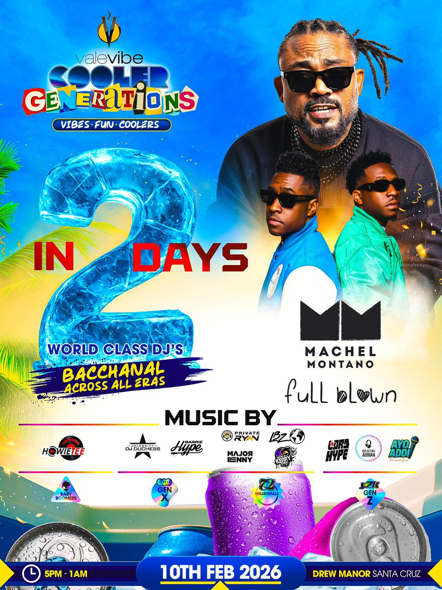 The countdown is real ⏳
2 days to go 😮‍🔥
The stage is set.
🗣️The vibe is already in motion‼️

ValeVibe Cooler - Generations🔥🔥🔥

🗓️: 10th February 2026
📍: Drew Manor, Santa Cruz
🕓: 5pm to 1am 

🎟️ Limited tickets still available
🎟️: islandetickets.com/event/VALEVIBE…
📞1-868-682-4973