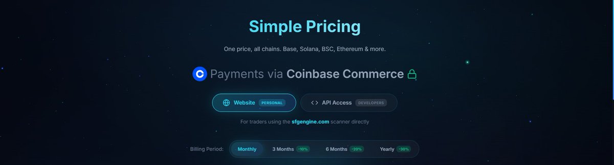 SFGEngine's tweet image. Gm to @base  community,traders,degens,and especially builders. 

We care about your security and we do not require any wallet connect for using our product. 

Now you can buy subscription via @coinbase commerce,as the most fast,secure and best option.
