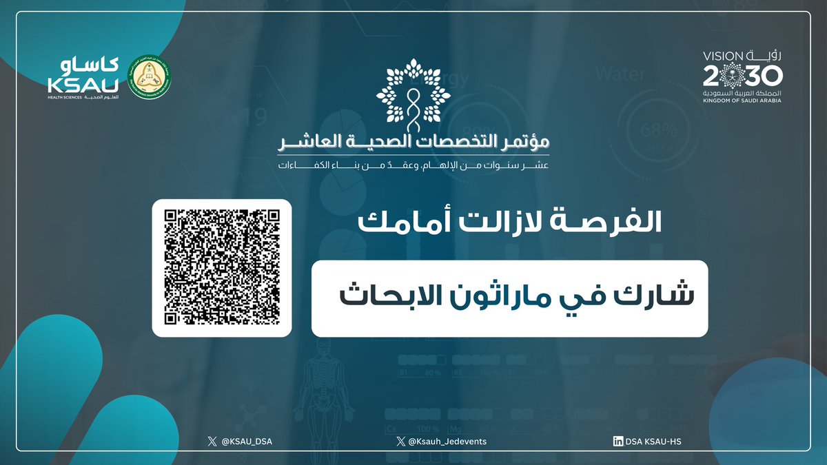 Ksauh_Jedevents's tweet photo. لكل شغف مسار، ولكل فكرة مساحة لتُصنع، في مؤتمر التخصصات الصحية العاشر مسارات متعددة للمشاركة العلمية، سجلوا الآن وابدأوا نجاحكم 🌟💫 https://t.co/tKewQYv7XV