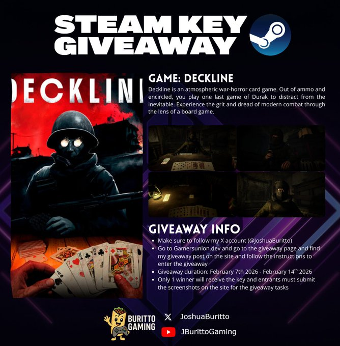 JoshuaBuritto's tweet photo. Current Steam Key Giveaways going on my account
Hollow Knight: https://t.co/cx8BvyabCN
Deckline: https://t.co/saTTcDQ2Du
Giveaway deadline: 14th Feb 2026
#giveaway #steam #pcgaming #hollowknight #deckline #steamkey https://t.co/jcYG7kAUHB