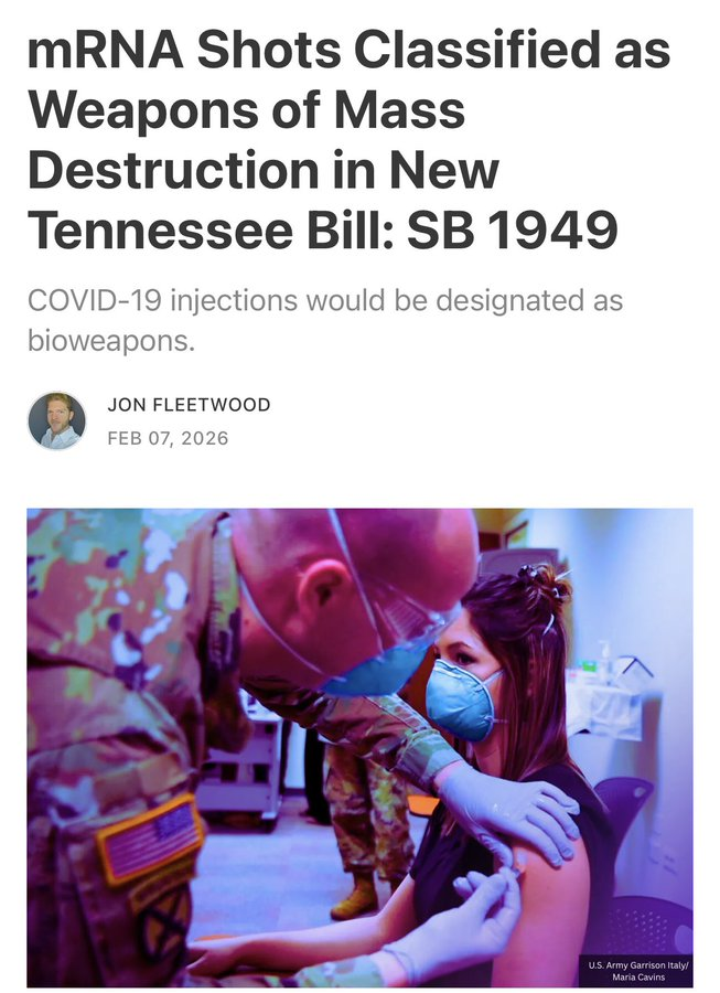 kemalozercom's tweet photo. Arizona ve Minnesota'dan sonra şimdi de Tennessee eyaletinde mRNA'!yı silah ve cinayet aracı olarak sayılmasına yönelik kanun teklifi verildi.

21 Ocak 2026 tarihinde Cumhuriyetçi Senatör Janice Bowling (District 16) Tennessee eyaletinde SB 1949 adlı bir yasa tasarısı sunmuş. 

Teklifin başlığı: "mRNA Bioweapons Prohibition Act" (mRNA Biyolojik Silahları Yasaklama Yasası)

Amaç: mRNA içeren enjeksiyonları ve ürünleri (özellikle COVID-19 mRNA aşılarını hedef alarak) kitlesel imha silahı (weapon of mass destruction) olarak sınıflandırmak.

Tasarı, Tennessee yasalarında mRNA ürünlerini doğrudan biyolojik silah kategorisine sokmayı amaçlıyor.

Teklif hükümler: 
1) mRNA enjeksiyonlarının ve ürünlerinin üretimi, edinilmesi, 
2) Sahip olunması, 
3) Dağıtımı veya başkalarına erişilebilir kılınması yasaklanıyor.

İhlaller, kitlesel imha silahı suçlarıyla aynı şekilde Class B felony (ağır suç) olarak cezalandırılıyor.

Eyalet ve yerel yetkililerin bu ihlalleri soruşturması ve uygulaması zorunlu kılınıyor.

Tanım: Tasarı, özellikle COVID-19 mRNA aşılarını "gen değiştirici ajanlar" olarak tanımlıyor ve modifiye edilmiş mRNA'nın (N-methyl-pseudouridine değişikliğiyle) hücrelerde daha uzun süre kalmasını ve "patolojik spike proteini" üretmesini gerekçe gösteriyor. Ayrıca diğer mRNA içeren ürünler, bazı gen terapileri ve gen değiştiren nanoteknolojiyi de kapsıyor.

22 Ocak 2026:
Senato'da ilk okuma (Introduced, Passed on First Consideration)

2 Şubat 2026: 
İkinci okuma geçildi ve Senate Judiciary Committee'ye (Senato Yargı Komitesi) havale edildi.

Şu an komitede bekliyor; ilerleyip ilerlemeyeceği, oylanacağı veya yasalaşacağı belli değil. Henüz House (Temsilciler Meclisi) aşamasına gelmedi.

Daha önce de benzer tasarılar Arizona ve Minnesota'da da sunulmuş ama onlar da henüz yasalaşmadı.

Buradan metne ulaşılabilir:
https://t.co/mBcPJLLn23