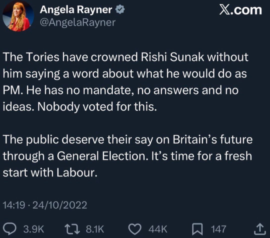 Angela Rayner has now deleted this tweet👀 

Is she preparing to throw her hat in the ring?

Credit: <a href="/BasilTheGreat/">Basil the Great</a>