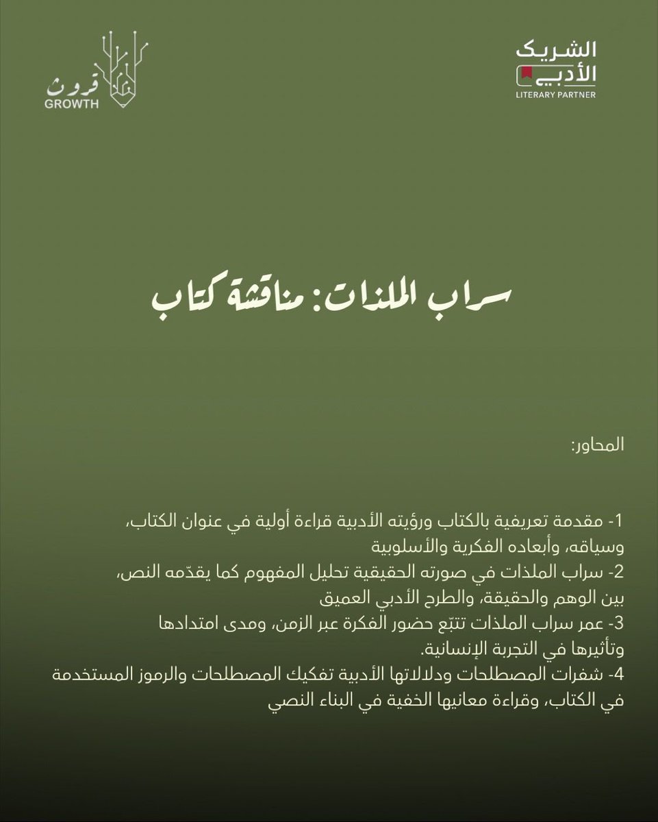 Growthcaffe's tweet image. حوار ثقافي نفتح فيه باب النقاش حول كتاب سراب الملذات، نتأمل أفكاره ونسبر معانيه، ونستعرض ما يطرحه من قضايا ورؤى أدبية في لقاء حواري ثري.
نراكم في قروث ضمن فعاليات #الشريك_الأدبي
culturebridgesa.com/events/11319