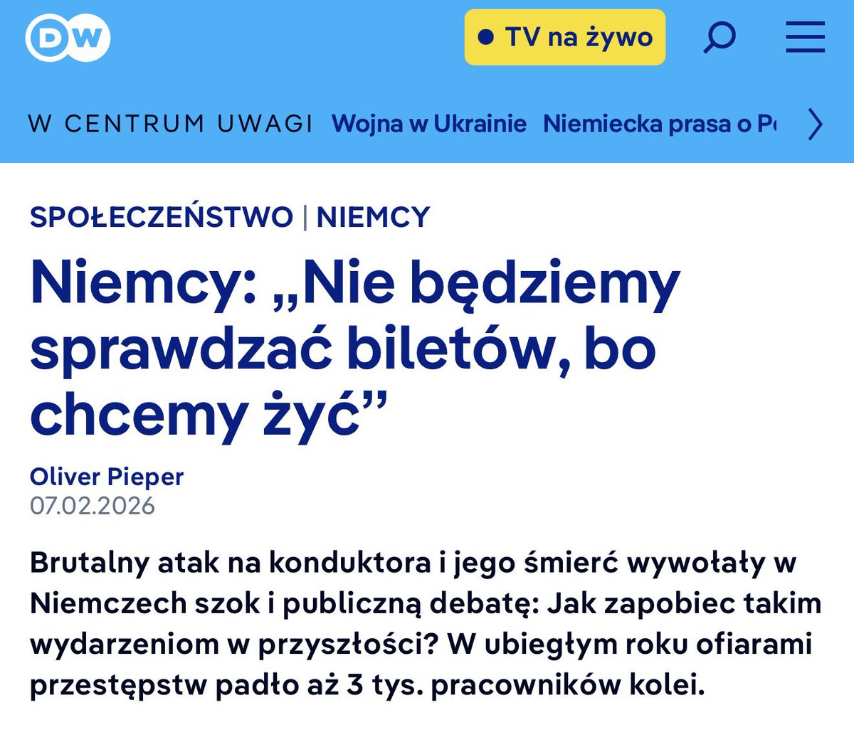 Niemcy zbierają plon polityki Merkel otwierania drzwi przed imigrantami.

Pracownicy koleji w strachu o swoje życie nie chcą sprawdzać biletów.

Deutsche Bahn podała, że w 2025 roku odnotowano ponad 3000 ataków/przestępstw wobec swoich pracowników (średnio 8 dziennie).

Atakowani