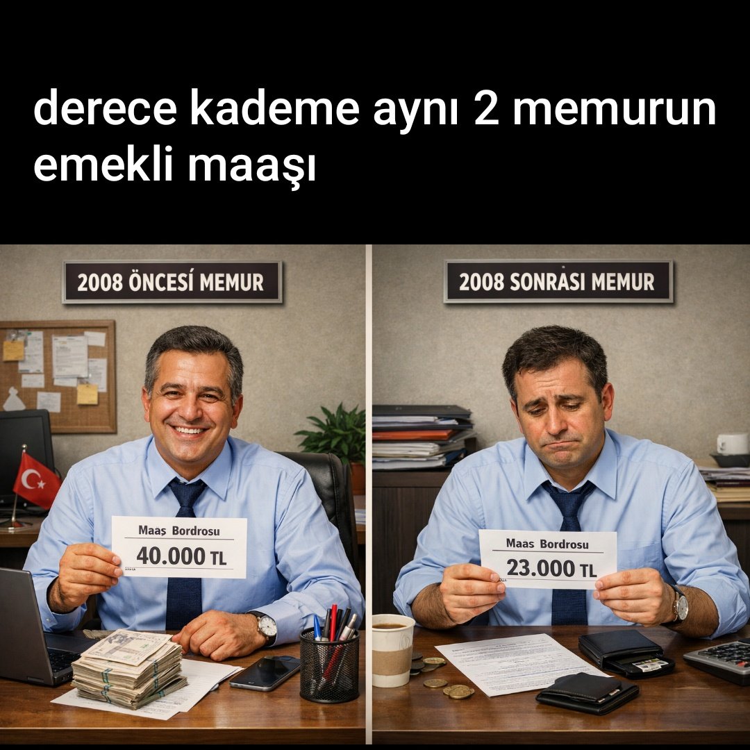 2008 eylülden sonra kadroya geçen tüm memurlar 5510 kanununa tabidir,
5510 kanununa göre 5434 memurunun neredeyse yarısı kadar emekli maaşı bağlanır..
Bu 2 farklı uygulamanın dünyada örneği yoktur sendikalar sessiz, iktidar ve muhalefet 2 milyon 5510 memurunu unutmuş vaziyette