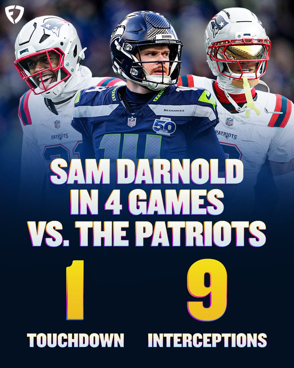 FanDuel's tweet image. Sam Darnold has a ROUGH history vs. the Patriots 😳

▹ never beaten New England (0-4)
▹ 1 total TD, 9 interceptions
▹ worst rating vs. any opponent (41.2)

#SuperBowl | #NEPats
