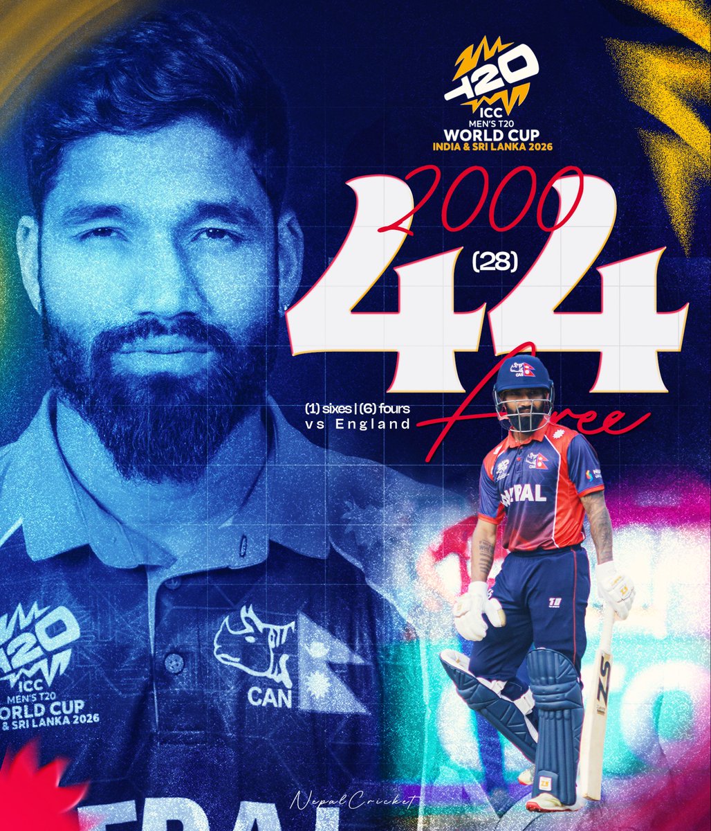 CricketNep's tweet photo. 44 &amp; 2️⃣0️⃣0️⃣0️⃣ T20I runs from DS Airee 🫡

#NepalCricket https://t.co/RhSe16V8EE