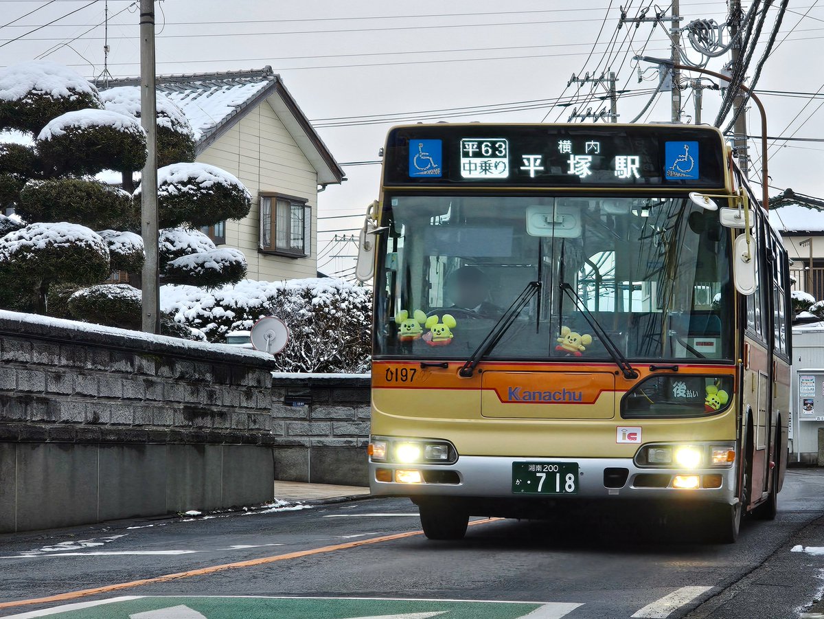 ShonanHana's tweet photo. 本日撮影した、神奈中平塚営業所の「エルガEV（ひ207。田村車庫16:02発）」と「ブルーリボンシティ（ひ197。田村車庫16：22発）」による「平63 横内経由平塚駅北口行き」です。
朝からの雪が13時頃にはほぼ止んだため、夕方には車道上の積雪はほとんど消えていました。
#神奈中 #エルガEV #BRC https://t.co/QAmnyKZT2M