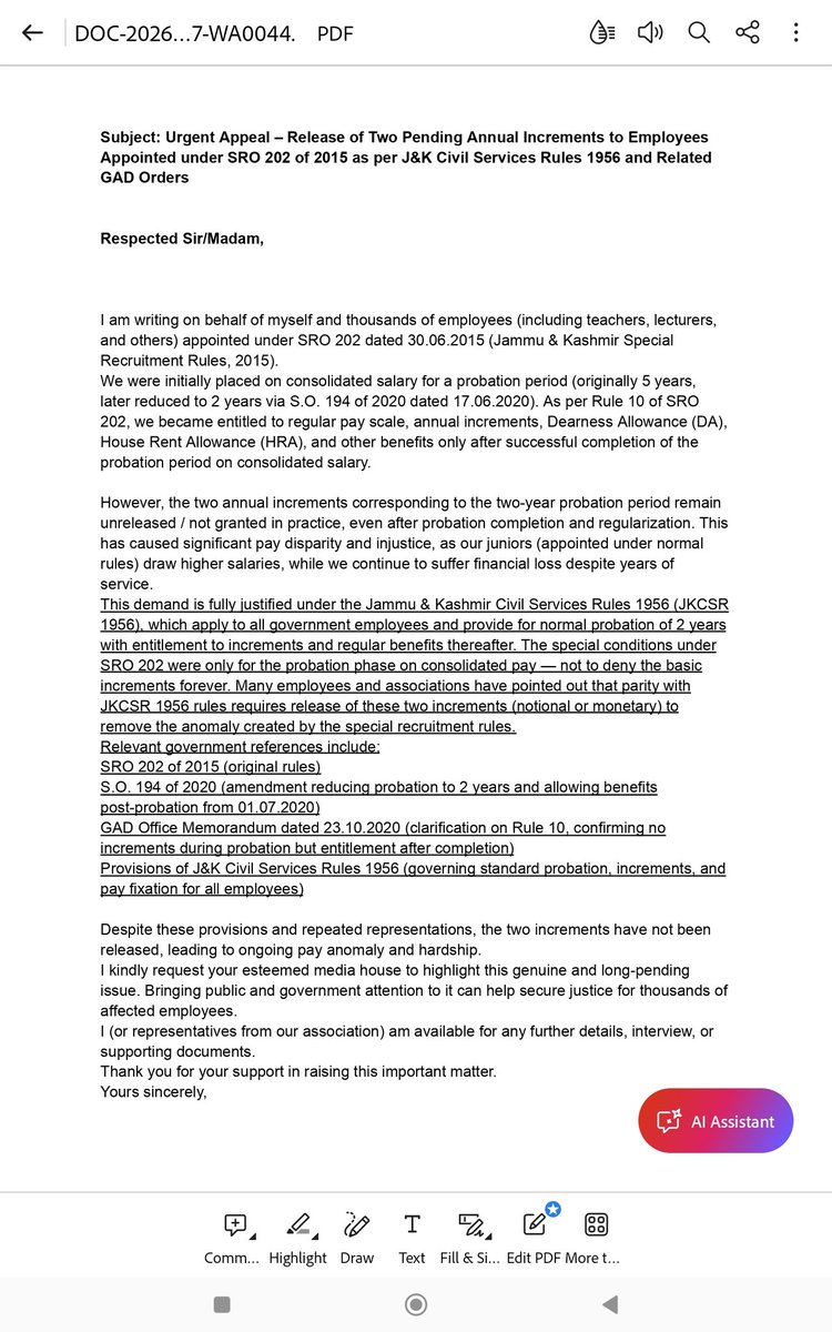 112345678yu's tweet photo. "Urgent appeal to J&amp;K Administration:
Release the 2 annual increments for SRO-202 employees without further delay. It's about dignity, equity &amp; long-pending justice. Your prompt action will be deeply appreciated by the workforce.@Sunil_SharmaBJP @OmarAbdullah @satishsharmajnk https://t.co/rkiBlcoFvR