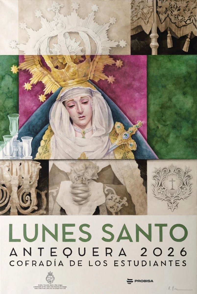 Rafael Muñoz realiza el cartel de la Cofradía de Estudiantes para el próximo Lunes Santo de 2026 de Antequera. La obra ha sido desvelada por María Victoria Barón #cofradíasmlg