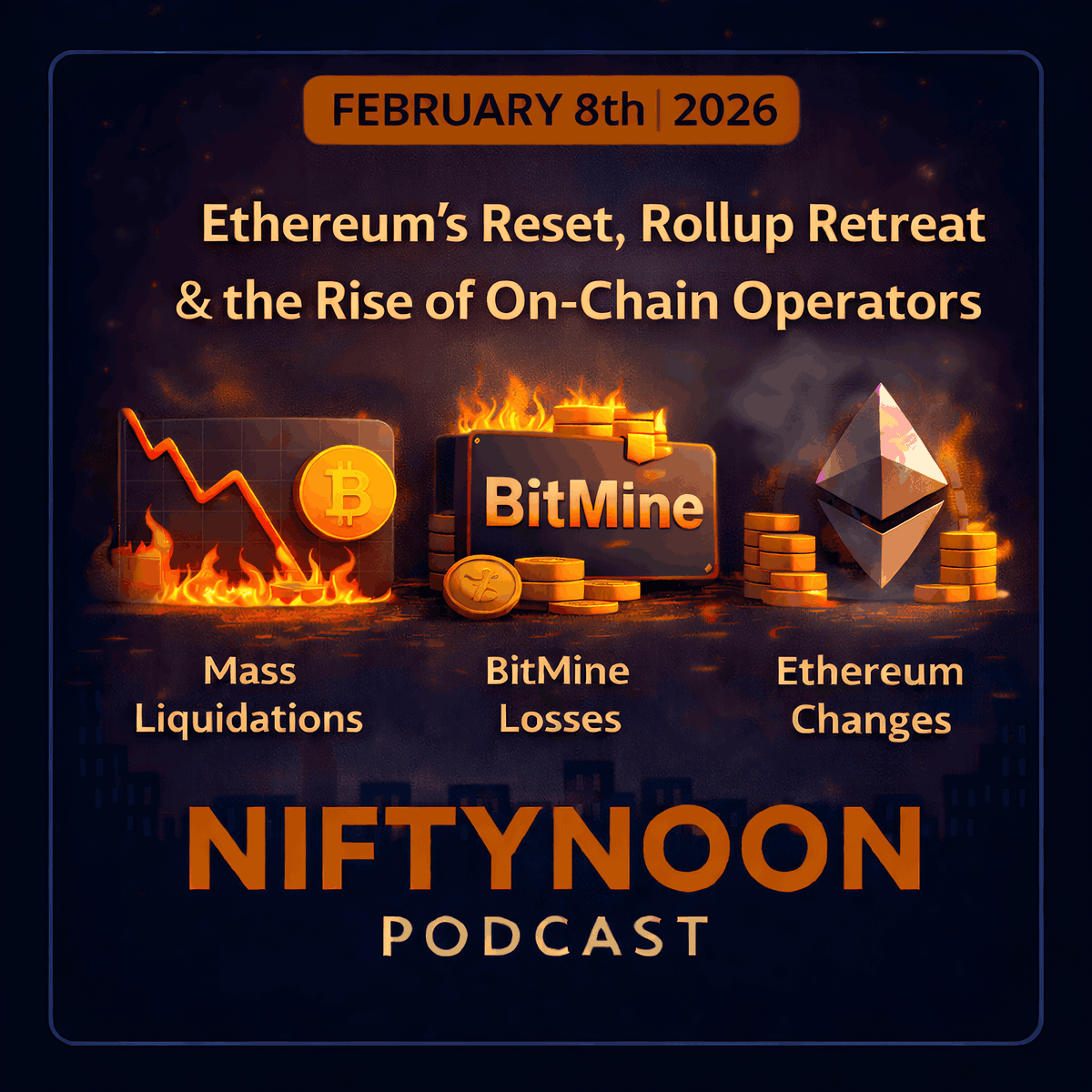 NiftyNoon Podcast | Feb 8th, 2026 🎙️

• $2.5B liquidations trigger a market reset
• BitMine commits to ETH validation at scale
• Ethereum L1 pivots as rollups stall
• ETF outflows accelerate
• Stablecoins route around banks

Full breakdown below⬇️