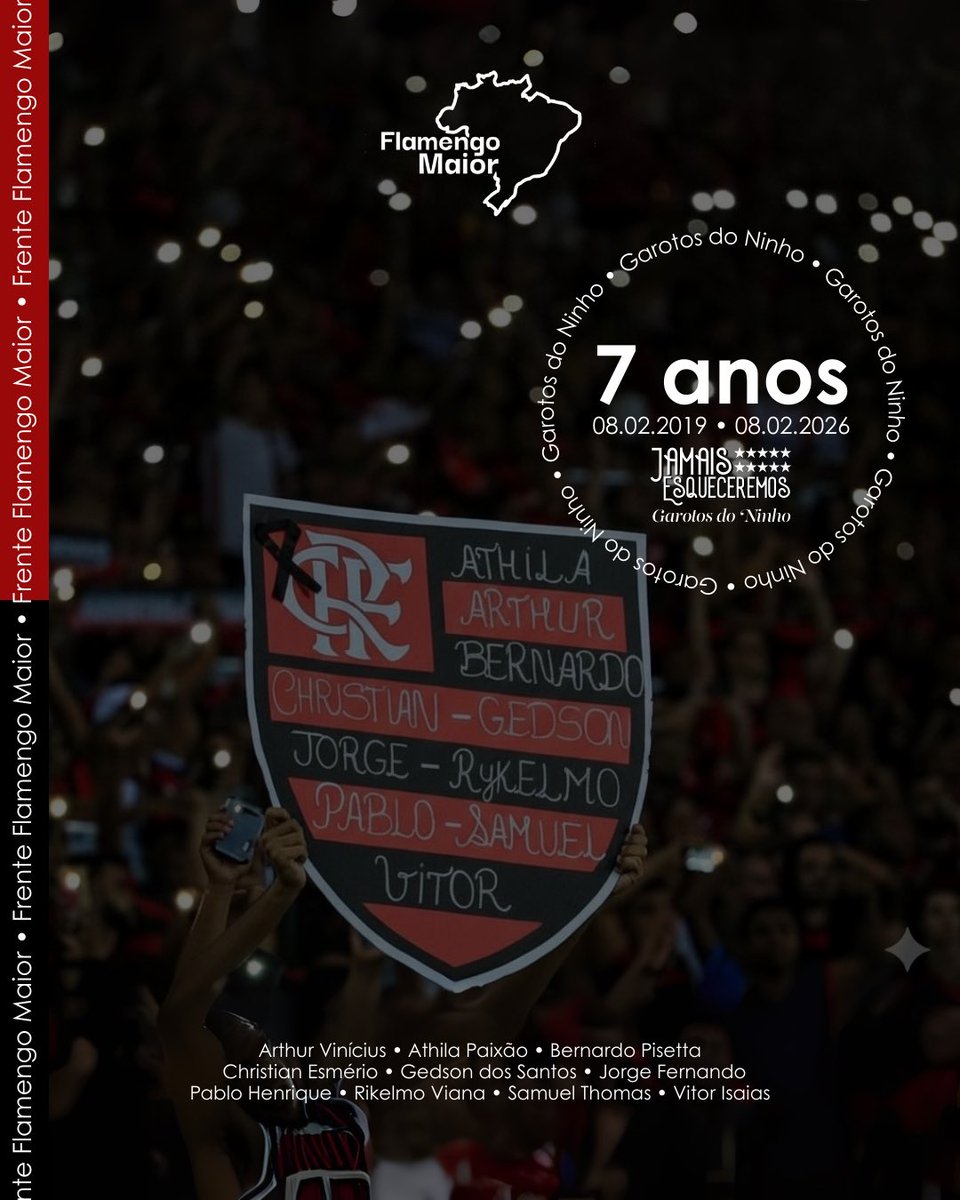 7 anos de saudade. 7 anos de um vazio que jamais será preenchido. O tempo passa, mas a nossa luta pela memória e por justiça permanece intacta.

A Frente Flamengo Maior presta sua homenagem aos Garotos do Ninho.