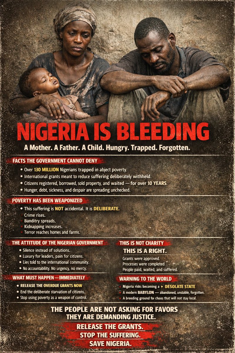 NIGERIA IS BLEEDING 🇳🇬
130+ MILLION NIGERIANS
trapped in EXTREME POVERTY
For OVER 10 YEARS, citizens were
DENIED THEIR RIGHTS
as the Nigerian government
REFUSED TO RELEASE INTERNATIONAL GRANTS
LIVES DESTROYED
FUTURES STOLEN
RELEASE THE GRANTS
END THIS INJUSTICE
#ReleaseTheGrants