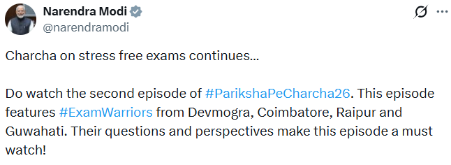 GulistanNewsTV's tweet image. PM #NarendraModi posts, "Charcha on stress free exams continues… Do watch the second episode of #ParikshaPeCharcha26. This episode features #ExamWarriors from Devmogra, Coimbatore, Raipur and Guwahati. Their questions and perspectives make this episode a must watch!"