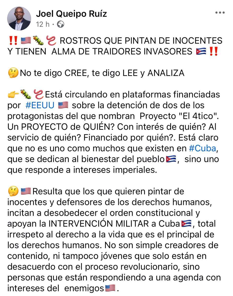 MagJorgeCastro's tweet photo. ⚠️⚠️El jefe del PCC. en Holguín carga contra los muchachos de El4tico… les llama “traidores invasores”, que apoyan una invasión y “asalariados vende patrias”.

Esto contra dos jóvenes que opinan en Instagram.

No tienen perdón. https://t.co/UfePOrnPlN