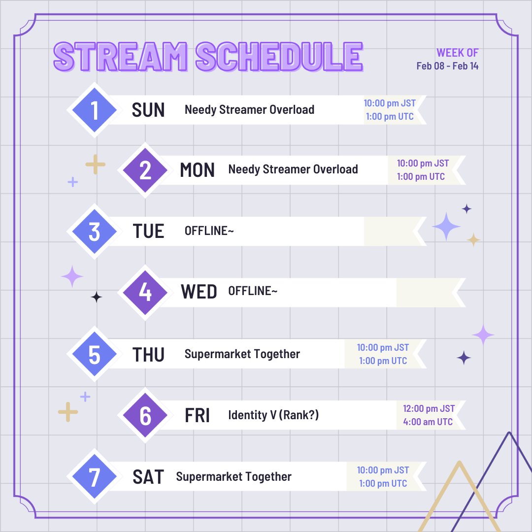 New stream schedule for the coming week~  

Thursday and Saturday stream may or may not change hehe, see me live on twitch.tv/lyrarosea