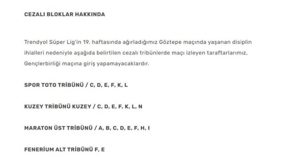 ÖNEMLİ BİLGİLENDİRME!

Cezası olan bloklar aşağıda yazan bloklardır bu bloklarda kombinesi bulunan taraftarlarımız hemen kulübe devir yaparak koltuklarının boş kalmamasını sağlayabilir.

Gençlerbirliği maçında 90 dakika tam baskı!