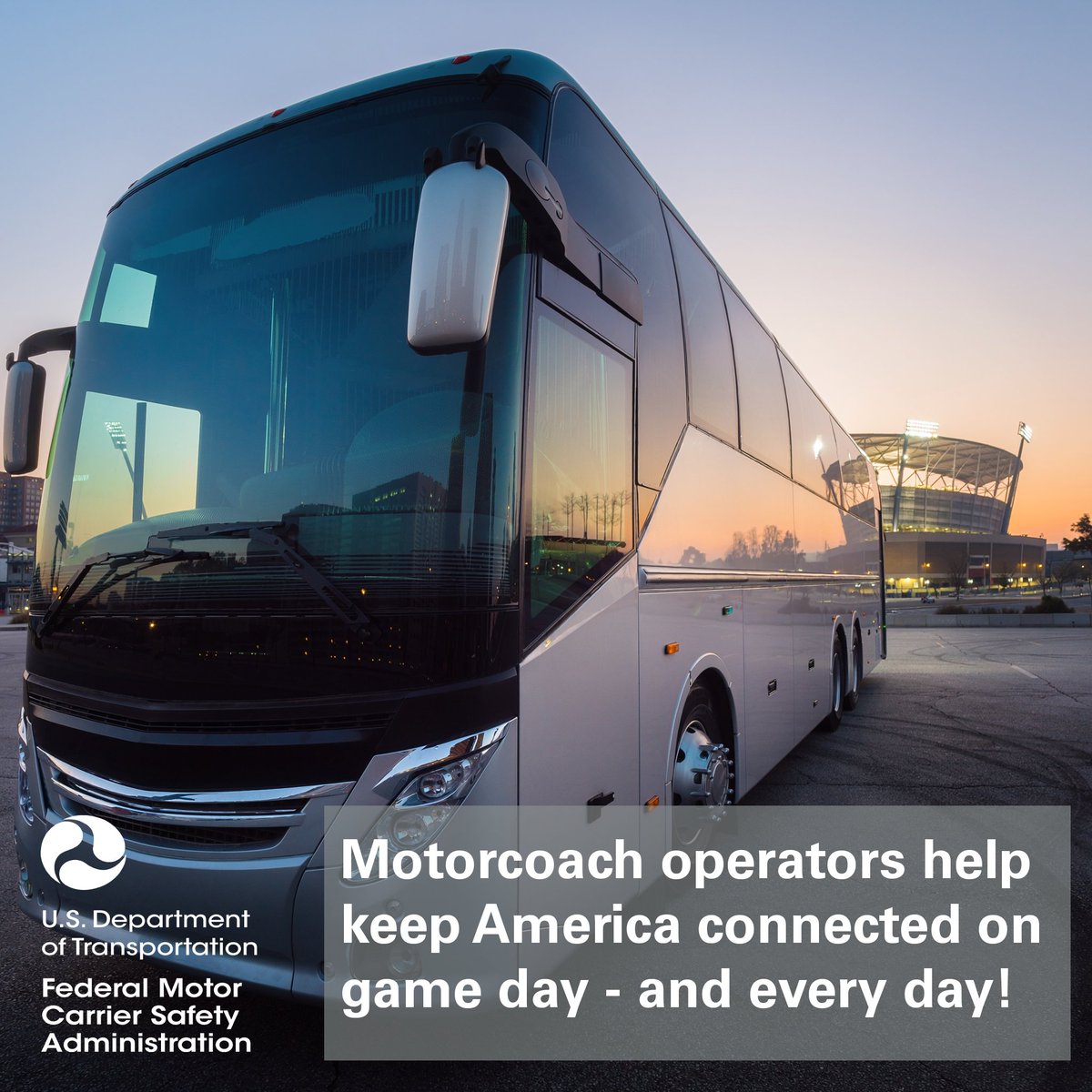 FMCSA's tweet image. From kickoff to the final whistle, motorcoach operators help deliver the BIG game experience. 🏈

Shout-out to the professional bus drivers working today — and every day — to safely move fans across America.