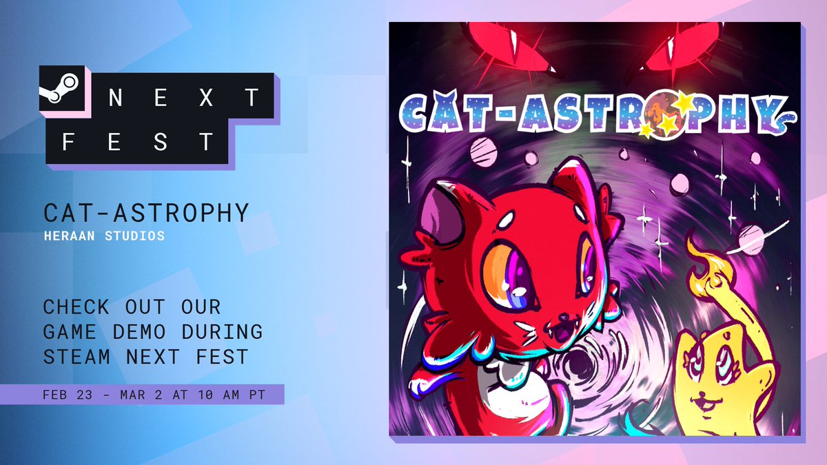 🚀 Cat-Astrophy is joining Steam Next Fest!

🐱 Try the demo, explore the universe, and help me make this dream bigger 💜

👉 Wishlist now on Steam: store.steampowered.com/app/3059040/Ca…

#steamnextfest #indiegame #gamedev #indiedev