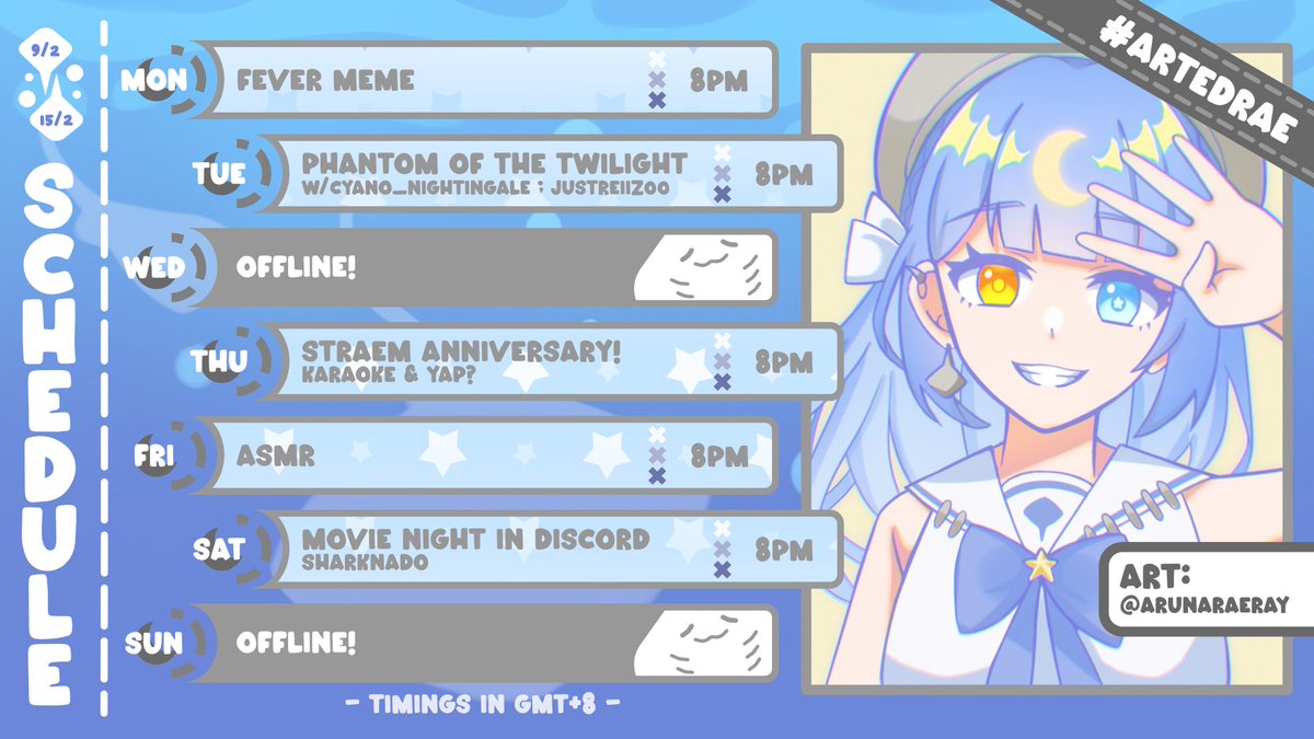 Schedule for the week! Timings in GMT+8!
It's my 4 years straem anniversary this week so we're having a special lineup this week! I can't believe it's been 4 years!
