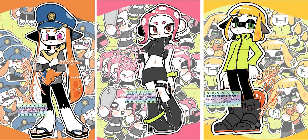 IkaKemo's tweet photo. #SplatoonArt 
ひーろーず🧡🩷💛 https://t.co/K9sLumCSNc