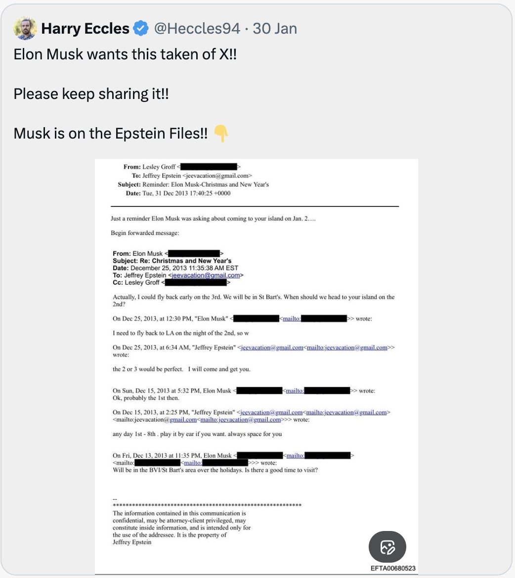 <a href="/elonmusk/">Elon Musk</a> Did you notice...

"Epstein files released rape, torture and murder of children", and Elon Musk asked repeatedly to go to Epstein's island.

Even on Christmas Day.