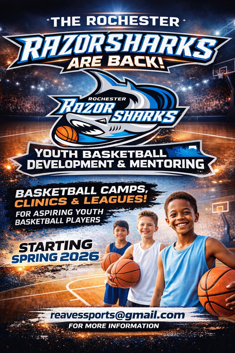 🏀 ⚫️🔵
A New Chapter for the Sharks!

We are beyond excited to announce the official launch of the Rochester RazorSharks Youth Basketball Program! 🦈🔥

We want to extend a massive thank you to Dr. Severko Hrywnak for his incredible support. 
 #SharkBall