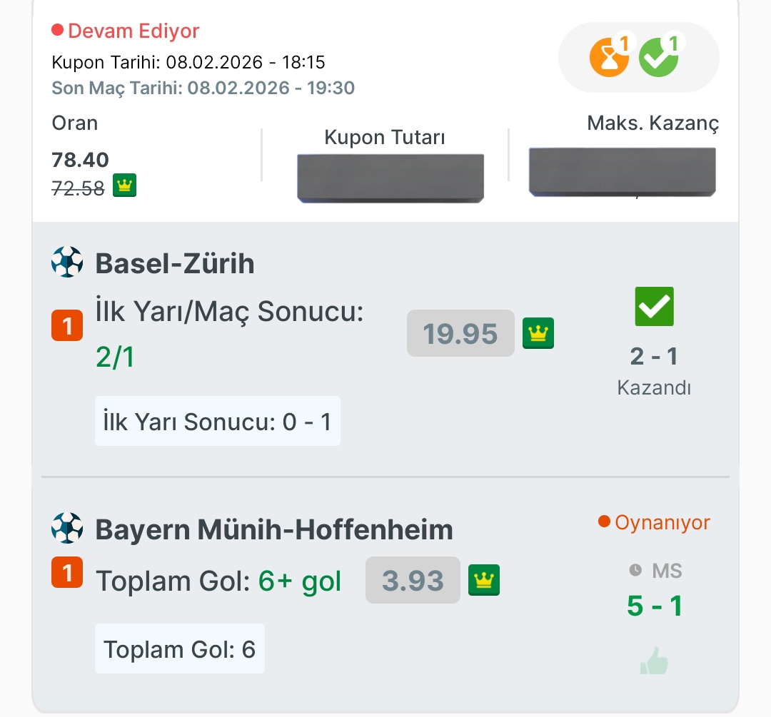 Şöyle bir günde bile kazanıyoruz arkadaş 😂😂

Bülten verirse biz alırız hocam net 😇

Basel 2/1 oran: 19.95 ✅
Bayern 6+ oran: 3.93 ✅

Toplam oran: 78.40 ✅✅✅

Afiyet olsun 🙏