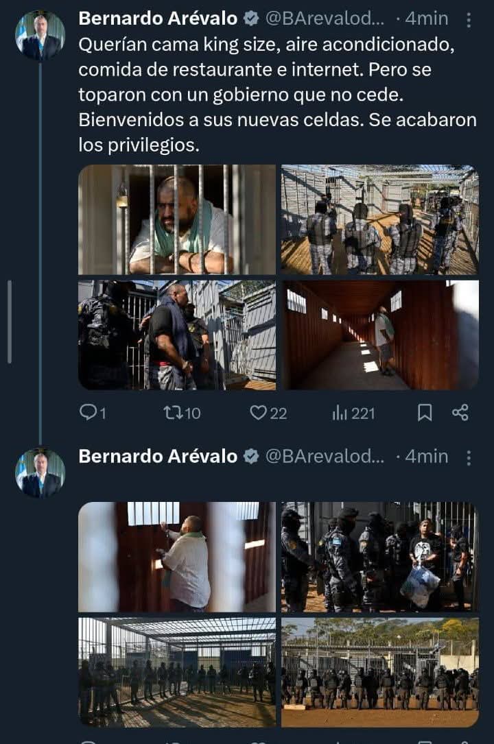 #Actualidad
 El Presidente de la República, Bernardo Arévalo acaba de publicar en su cuenta oficial que los líderes de las estructuras criminales fueron reubicados en contenedores modificados.