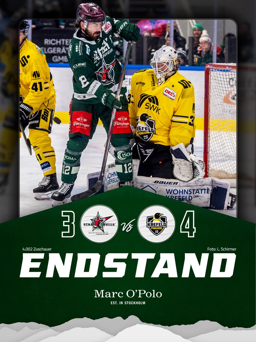 starbulls's tweet photo. Der Endstand wird euch präsentiert von Marc O'Polo 🏒🤝
Spitzenspiel stand drauf, Spitzenspiel war drin! Zum Schluss mit dem besseren Ende für die Krefeld Pinguine. In der Overtime gewinnen die Seidenstädter mit 3:4.
#starbulls #rosenheim #endstand https://t.co/ebQdCHsLh2