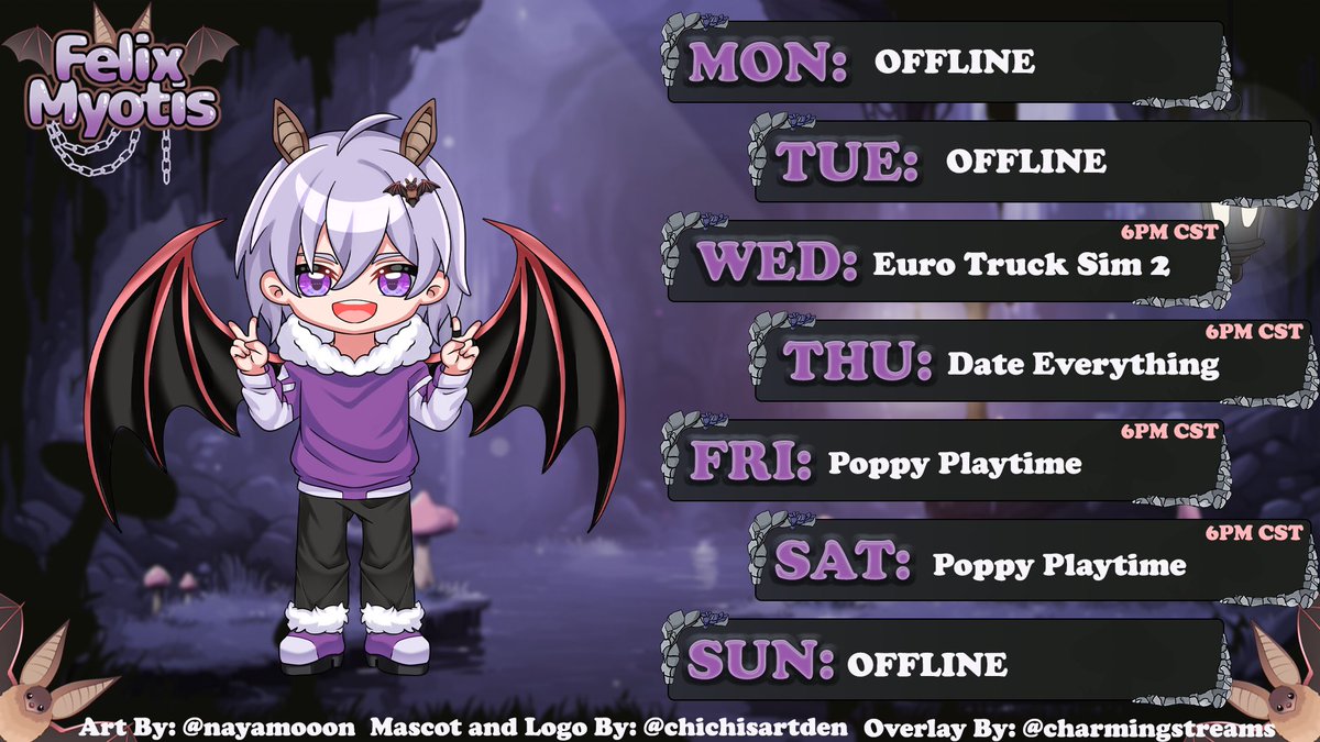 FelixMyotisVT's tweet photo. Schedule for this week! Gonna be doing a little Poppy Playtime Marathon this coming up weekend in anticipation for the release of Poppy Playtime Chapter 5 on Feb 18th! I have a crap memory and need a little refresher on the story😂See you guys Wednesday! 🦇💜 https://t.co/Ma3djKKA01