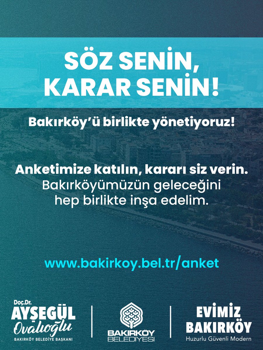 Söz senin, Karar senin!

Bakırköy’ü birlikte yönetiyoruz!

Anketimize katılın, kararı siz verin, Bakırköyümüzün geleceğini hep birlikte inşa edelim.

bakirkoy.bel.tr/anket