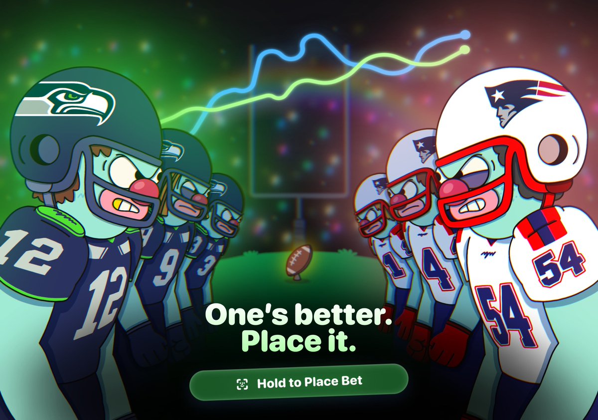 Super Bowl night 🏈
Patriots vs Seahawks.

Pick a side and place your prediction onchain — directly in the Rainbow app.
