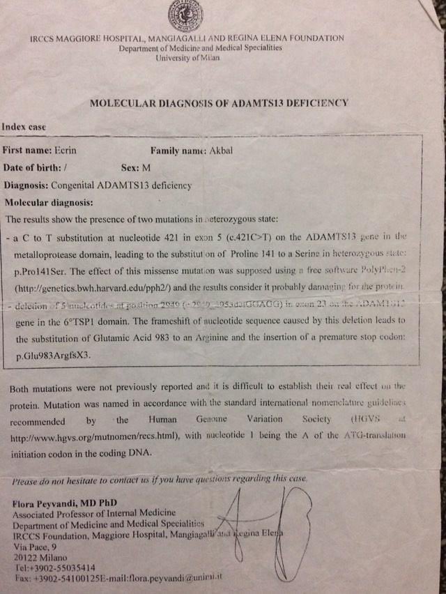Adı Ecrin 15 yaşında
%99 fiziksel engelli
Dirençli epilepsisi olan 
Atipik hüs(bilinmeyen ve tekrarlayan)ve 
Konjenital ttp tanılı 
Cp li
Homewente (trakeostomi) li
Peg ile beslenen
Yaşamak isteyen
kızım Ecrin in  tedavi masrafları için anne baba olarak gücümüz kalmadı 
Allah’ın
