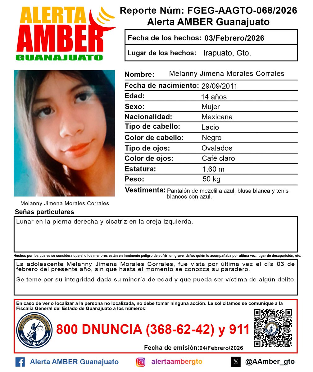 Activación de 𝘼𝙡𝙚𝙧𝙩𝙖 𝘼𝙢𝙗𝙚𝙧 de 𝗠𝗲𝗹𝗮𝗻𝗻𝘆 𝗝𝗶𝗺𝗲𝗻𝗮 𝗠𝗼𝗿𝗮𝗹𝗲𝘀 𝗖𝗼𝗿𝗿𝗮𝗹𝗲𝘀, de 𝟭𝟰 𝗮𝗻̃𝗼𝘀 de edad, de 𝗜𝗿𝗮𝗽𝘂𝗮𝘁𝗼, 𝗚𝘁𝗼. 
¡Ayúdanos a localizarla!