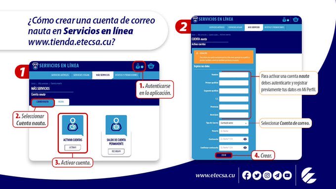 Crea tu cuenta de correo #nauta a través de #ServiciosEnLínea 
👇Aquí te mostramos los pasos