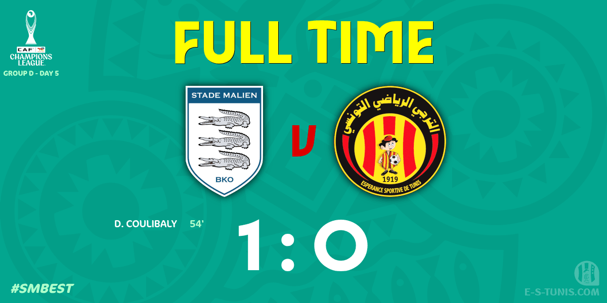 ESTuniscom's tweet photo. ⏱ FT | #TotalEnergiesCAFCL Gr D. Day 5 #SMBEST | 🇲🇱@blancsdebamako 1⃣-0⃣ @ESTuniscom🇹🇳 : End of the match / نهاية المباراة / Fin du match https://t.co/jrXviFP8l5