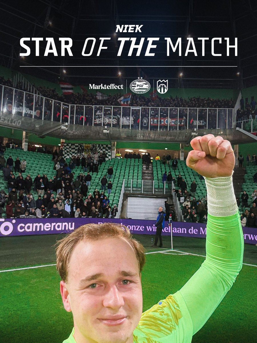 PSV's tweet photo. At PSV since the age of eight, he started out as an outfield player. Now, at 22 years old, he makes his debut as a goalkeeper in the first team and is the Star of the Match. This is what it means. We are proud of you, Niek ❤️🤍

#CreatingStarsTogether https://t.co/VjtmdrL36m