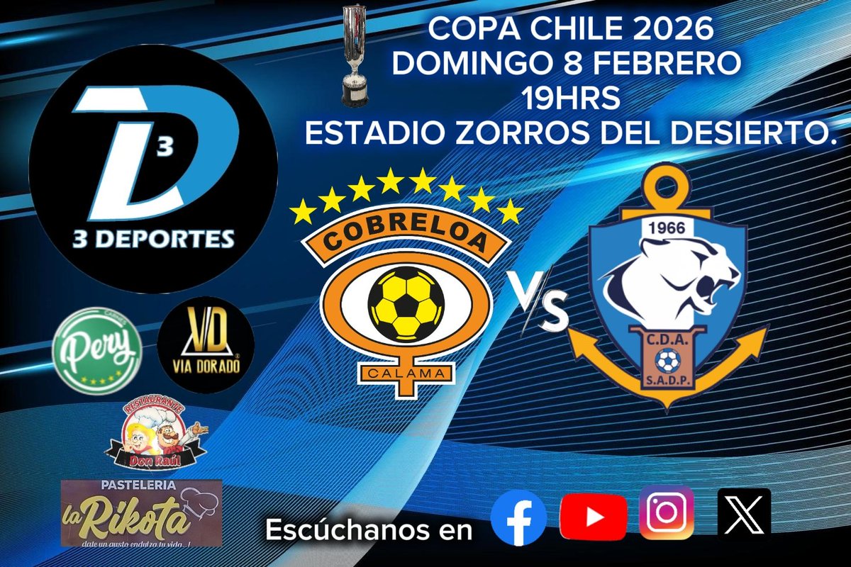 Hoy 18:35hrs #CDAx3DEPORTES
#COPACHILE FECHA N°2
<a href="/Cobreloa_SADP/">Cobreloa</a> vs <a href="/ClubAntofagasta/">C.D. Antofagasta</a> 
⚽⚽🐾🐾🎙️🎙️🎧🎧⚽⚽

youtube.com/@3deportes3dep…

#antofagasta #calama #chile